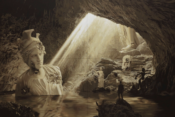 sepia tonality painting of a cave with Pokémon and classical sculptures
