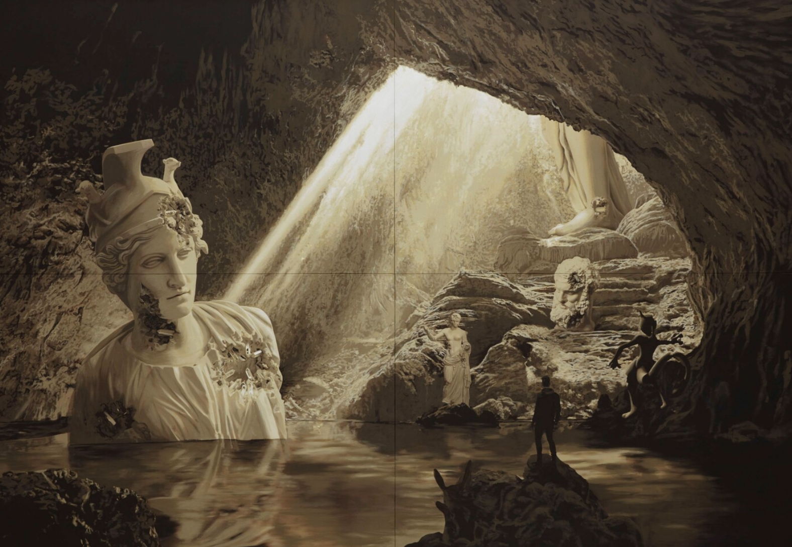 sepia tonality painting of a cave with Pokémon and classical sculptures