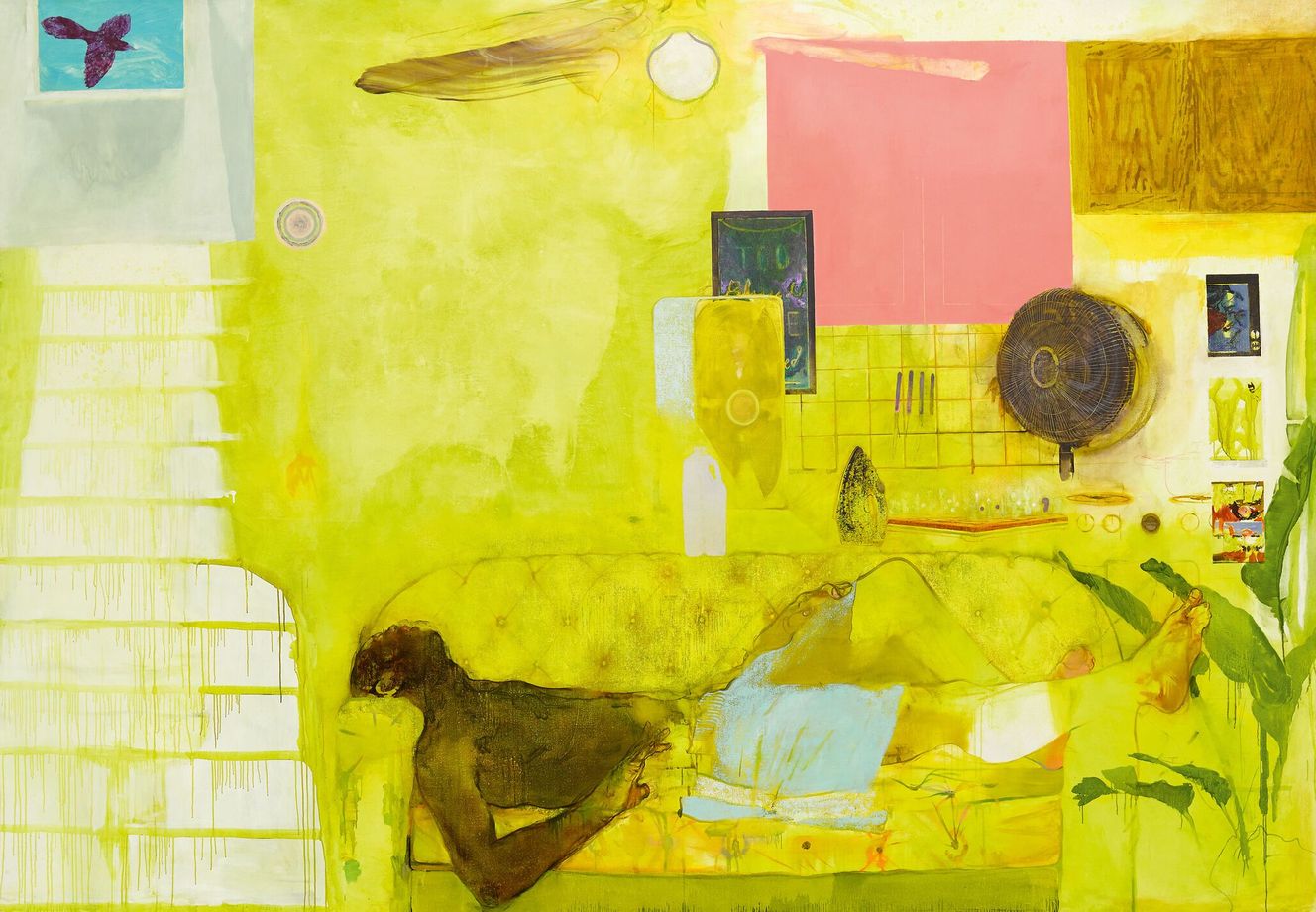 Jennifer Packer's Blessed Are Those Who Mourn (Breonna! Breonna!), painting in yellow hues of a black man laying down on the sofa in his living room/kitchen