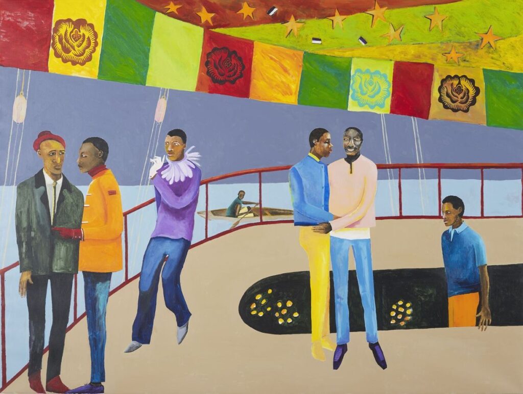 Lubaina Himid's Ball on Shipboard, colourful painting with six people standing either in groups or alone and one inside a rowing boat