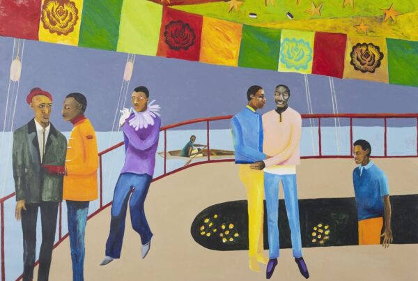 Lubaina Himid's Ball on Shipboard, colourful painting with six people standing either in groups or alone and one inside a rowing boat